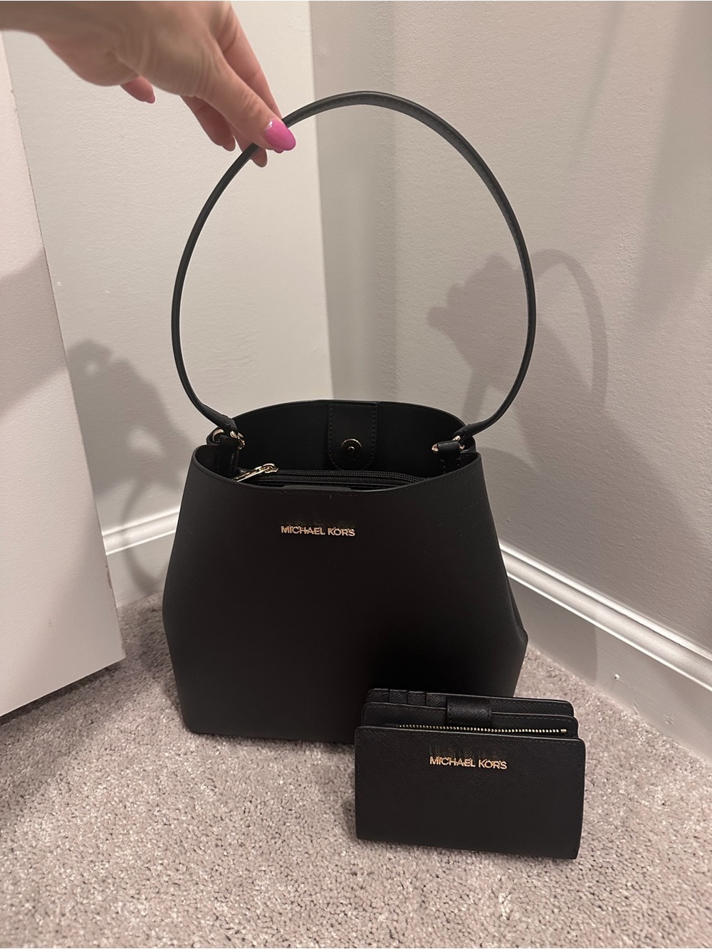 Michael Kors Black Saffiano Leather Bucket Bag with Matching Wallet